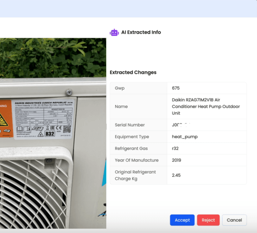 AI-Enhanced Data Extraction showing equipment label reading and GWP calculation